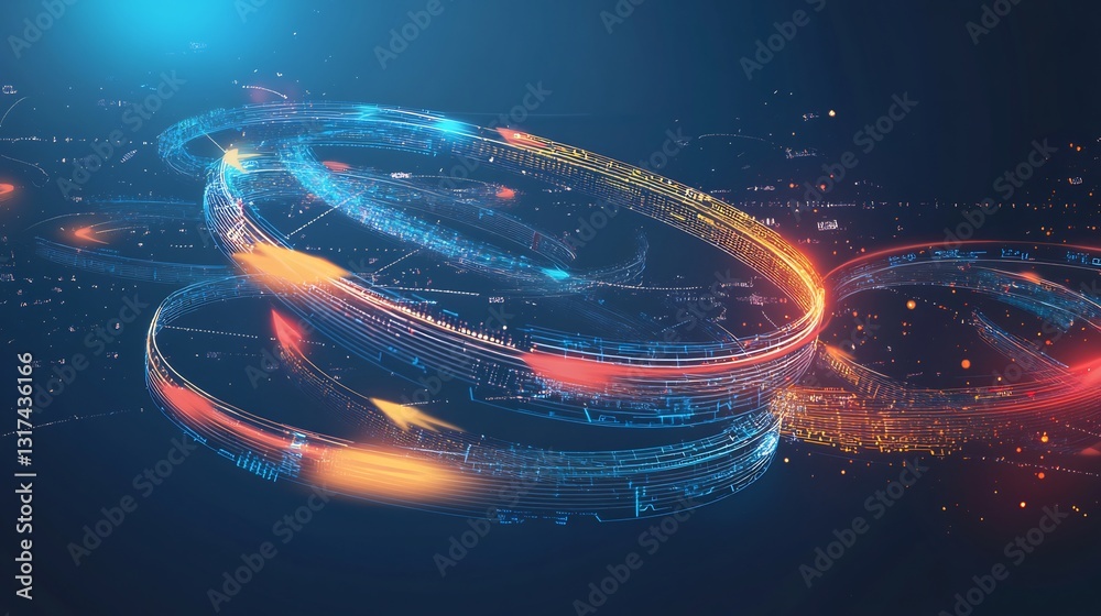 Poster Conceptual visualization of marketing ecosystems showcasing dynamic arrows circular forms consumer journeys