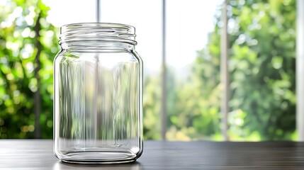 Clear Glass Jar on Wooden Table with Bright Nature Background