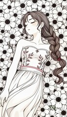 Fototapeta premium beautifully detailed black-and-white anime-style illustration of a cheerful young woman with long, flowing hair styled in a loose braid.