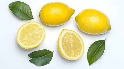 Fototapeta premium Two Whole And Two Halved Fresh Ripe Yellow Lemons With Vibrant Green Leaves Arranged On A Bright White Background