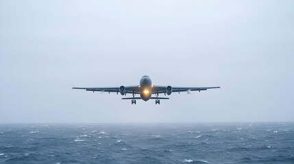 Four Engine Turboprop Airplane Landing Over a Rough Ocean During a Storm with Dramatic Overcast Sky