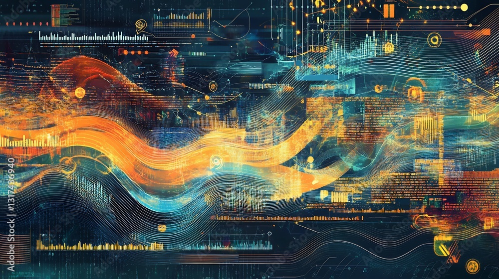 Poster Conceptual visualization of regtech dynamic patterns symbolic layers representing regulatory compliance technologies