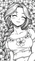 Fototapeta premium beautifully detailed black-and-white anime-style illustration of a cheerful young woman with long, flowing hair styled in a loose braid.