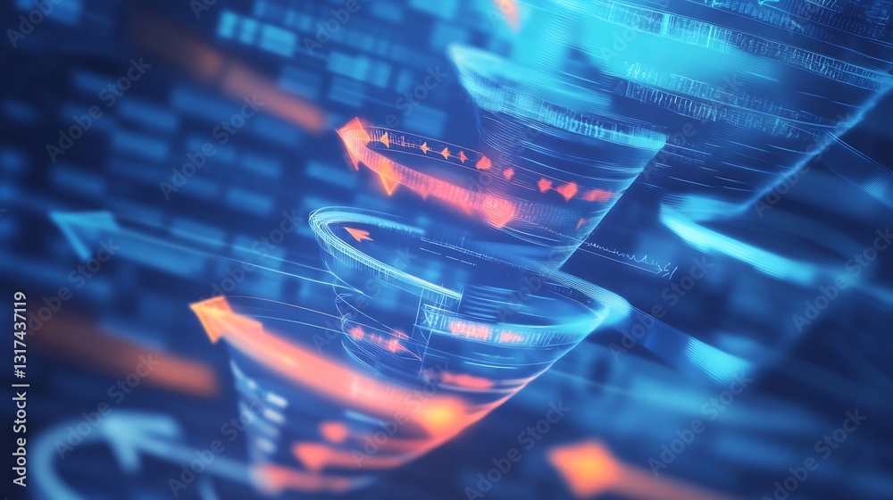 Poster Conceptual visualization of sale funnels showcasing dynamic arrows layered patterns representing conversion paths