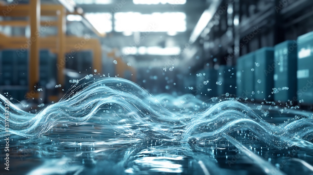 Poster Conceptual visualization of supply chain dynamics flowing abstract forms representing inventory movement logistics