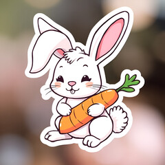 Obraz premium sticker of Cute bunny with floppy ears and a fluffy tail, holding a carrot