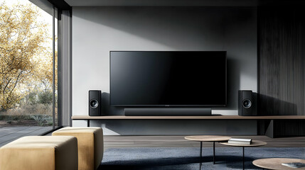 Fototapeta premium Modern Home Theater Setup In a Stylish Living Room with Large Television Sound System and Cozy Seating Area