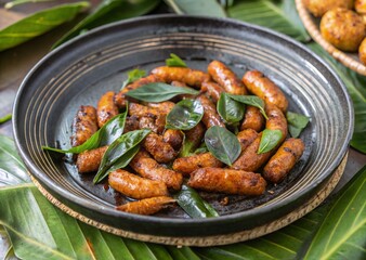 traditional northern thai tasty spicy sausages fried herb