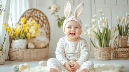 Smiling baby in Easter outfit with bunny ears, pastel eggs, and spring flowers