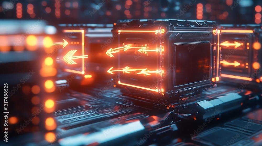 Poster conversion rate visualized glowing arrows transferring radiant energy between interconnected futuris