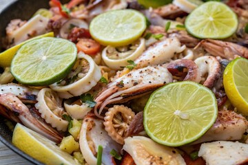 Close up of thai spicy squid salad with lemon, garlic and herb