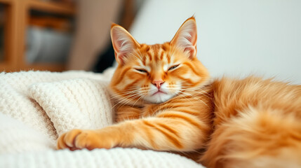 Cozy moments a relaxed ginger cat lazing on a soft blanket perfect for cat lovers and animal enthusiasts