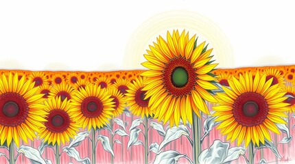 Obraz premium Field of Sunflowers under the Sun: An enchanting field of sunflowers blooms radiantly under the sun, creating a vibrant display of nature's beauty and vitality, with detailed illustration.