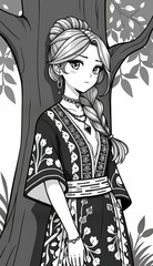 Obraz premium beautifully detailed black-and-white anime-style illustration of a cheerful young woman with long, flowing hair styled in a loose braid.