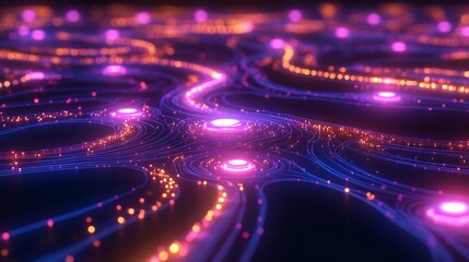 Customer journey visualized glowing path leading through interconnected radiant nodes