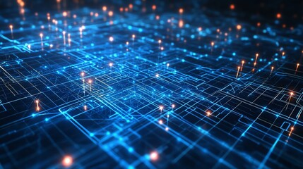 Abstract Digital Network: Glowing Blue Circuitry and Data Flow Visualization