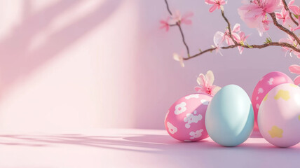 Pastel Easter eggs with cherry blossoms on a pink background
