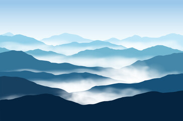 Vector panoramic landscape with blue misty silhouettes of mountains and clear sky	
