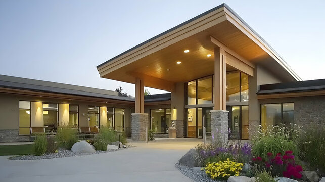 Modern healthcare facility entrance at dusk, landscaped grounds, serene background, ideal for medical brochures