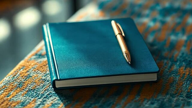 Teal notebook and pen on table