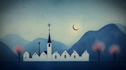 fantasy village landscape with dreamy houses and winding paths, whimsical nature scenery in soft artistic illustration, surreal countryside scene with fairytale atmosphere
