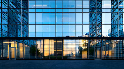 Fototapeta premium Modern Glass Office Building Exterior with City Reflection at Sunset