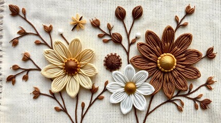 Fototapeta premium Artisan Floral Embroidery: Close-up shot of intricately crafted floral embroidery on fabric. The textured artwork showcases various flowers and stems in earthy tones.