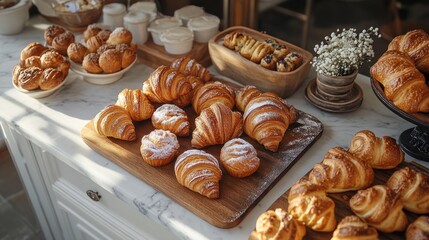 A delightful assortment of freshly baked croissants and pastries, artfully arranged on wooden boards, creates a tempting breakfast spread.