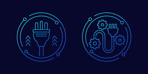 electric plug with 3 pins icons, linear design