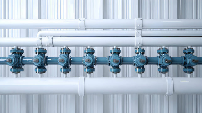 Complex Network Of Blue Valves And White Pipes In An Industrial Setting With Uniform Lighting And Symmetrical Arrangement Emphasizing Engineering Precision