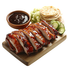 A Chinese Peking Duck with Crispy Skin Pancakes on a Wooden Cutting Board Isolated on Transparent Background