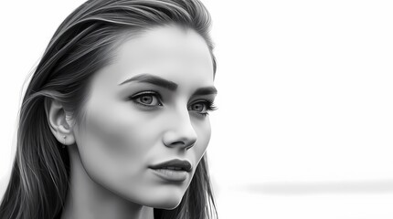 Naklejka premium Black and White Portrait: A captivating black and white portrait captures a young woman's gaze, her piercing blue eyes and tousled hair radiating a sense of calm and determination.