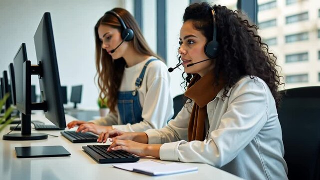 Smiling Female Call Center Agents Wearing Headsets Working on Computers in a Modern Office Providing Customer Support and Telecommunication Services