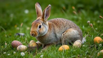 Fototapeta premium Osterhase mit Ostereiern auf einer grünen Wiese, der die Freude und den Zauber von Ostern vermittelt.