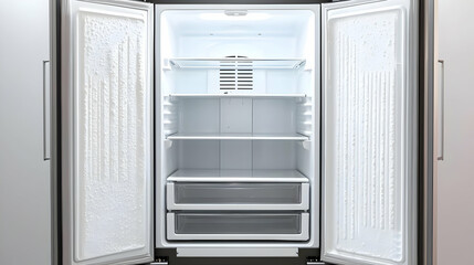 Fototapeta premium Open Stainless Steel Refrigerator With Empty Shelves And Drawers In A Bright Modern Kitchen Interior Ready For Food Storage