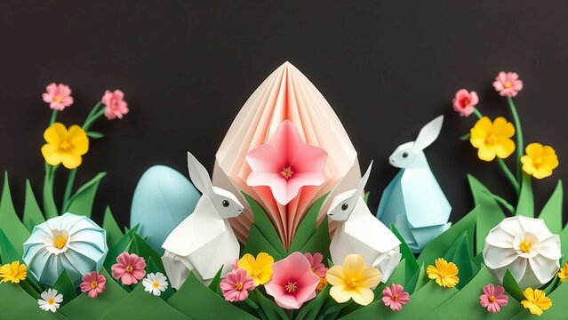 Kreative Osterkomposition mit Papierhasen, Ostereiern und Blumen vor dunklem Hintergrund, die Fr&uuml;hling und Festlichkeit symbolisiert