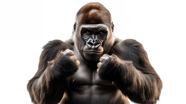Powerful gorilla beating its chest with strong arms isolated on a transparent background 