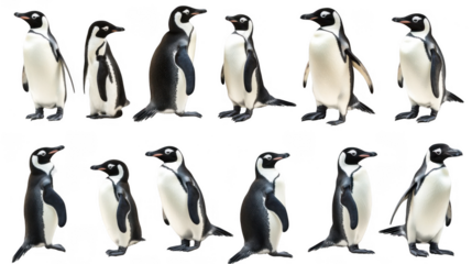 Twelve Penguins Displaying Various Poses in a Natural Setting