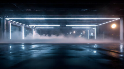 Dark Empty City Street at Night With Glowing White Frame Structure Fog Smoke and Wet Asphalt in a Moody Atmospheric Scene