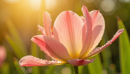 Fototapeta premium Dew-covered pink flower blooming in morning light, seasonal beauty