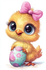 Fototapeta premium This adorable chick, wearing a pink bow, holds a beautifully decorated Easter egg, surrounded by vibrant flowers, capturing the joyful essence of Easter celebrations.