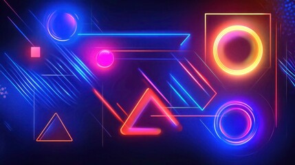 Radiant geometric abstraction featuring vibrant neon circles and angled lines