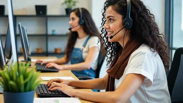 Smiling Female Call Center Agents Wearing Headsets Working on Computers in a Modern Office Providing Customer Support and Telecommunication Services