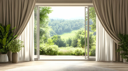 Fototapeta premium Beige Curtains Framing a Window with a Green Landscape View