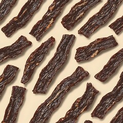 Savory jerky strips arranged in a playful pattern on a neutral background inviting tasty snacking moments