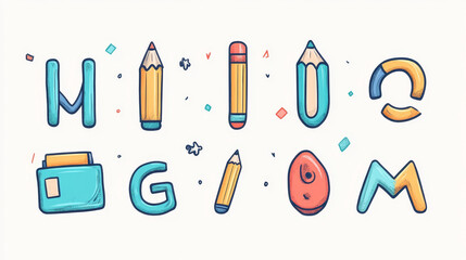 Alphabet stationery letters vector abc font alphabetic icons of office supply and school tools accessories for education pencil or pen alphabetically isolated on background illustration