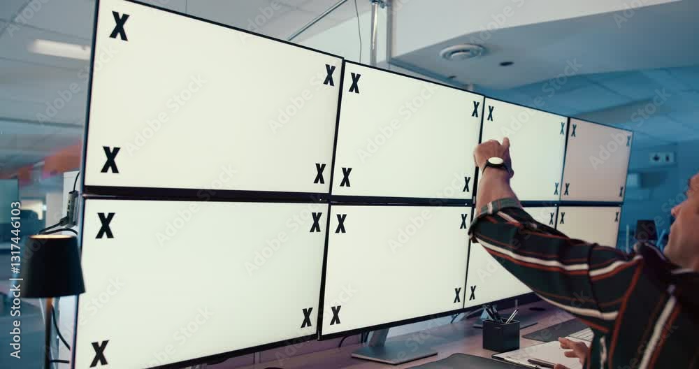 Poster discussion, people and meeting with computer screen, mockup and market research for article or copyw