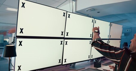 Discussion, people and meeting with computer screen, mockup and market research for article or copywriter. Tracking markers, teamwork and online with tech for project, software and planning for blog