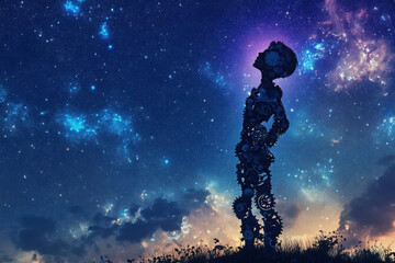 Obraz premium Silhouette of a child made of gears gazing at the starry night sky, evoking wonder and imagination.