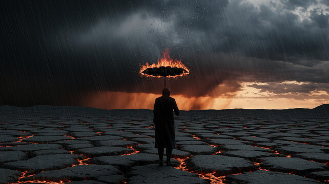 Silhouette of person holding flaming umbrella under rainy sky, standing on cracked, lava-like ground. Surreal scene depicts resilience or defiance amidst chaos